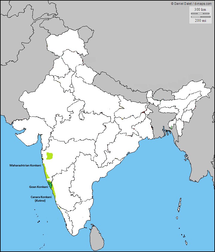 Map showing the geographic distribution of native Konkani speakers along India's west coast, marking Maharashtrian Konkani, Goan Konkani and Canara Konkani speaking areas